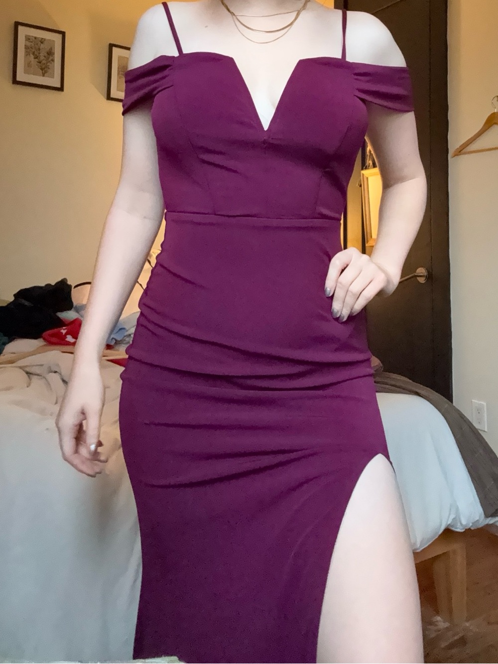 City Studio One-Shoulder Plum Bodycon Dress with High Slit